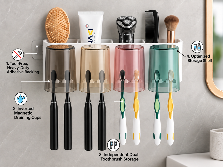 Wall Mounted Toothbrush Holder with 4 Cups | Multi-Compartment Bathroom Organizer