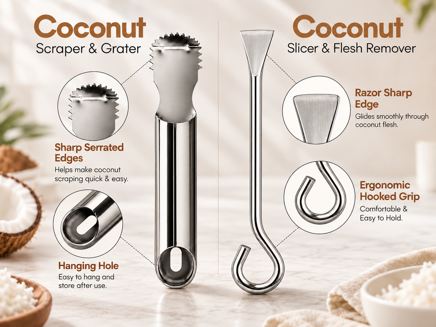 Coconut Scraper & Coconut Slicer Cutter Tool, Stainless Steel 2-Piece Coconut Grater