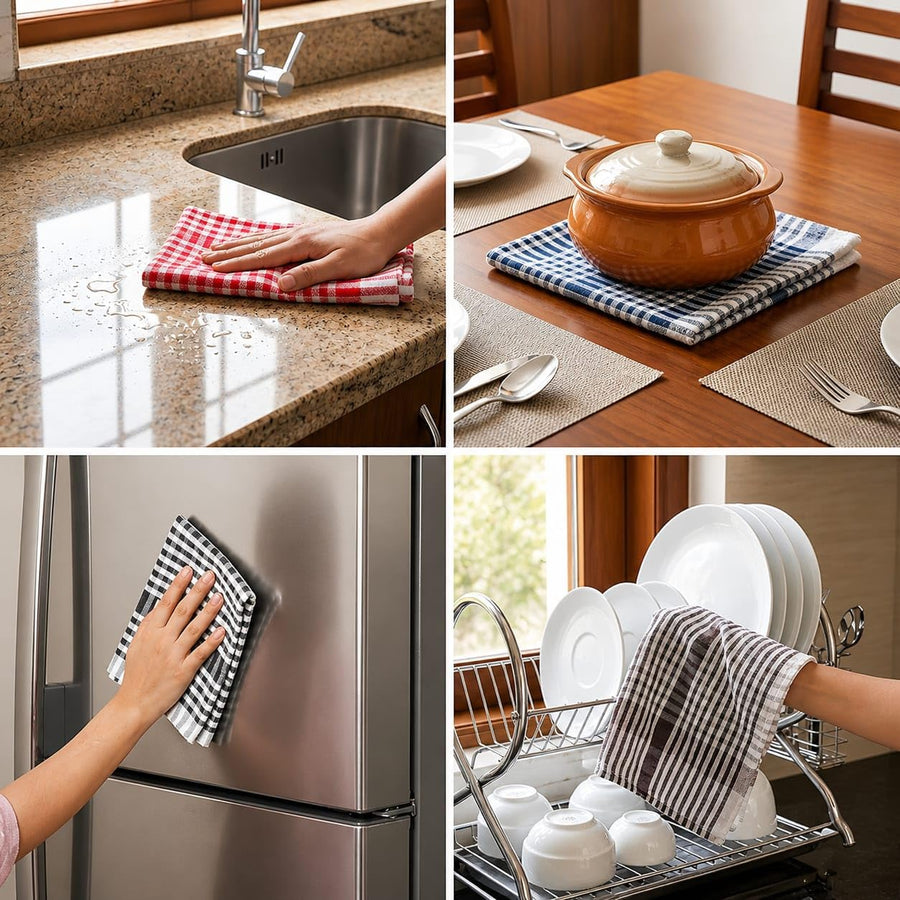 12 Pcs Cotton Kitchen Cloth & Napkin Set, 55 × 40 cm Reusable Dish Cloths for Cleaning, Wiping, Drying, Dusting & Multipurpose Kitchen Use