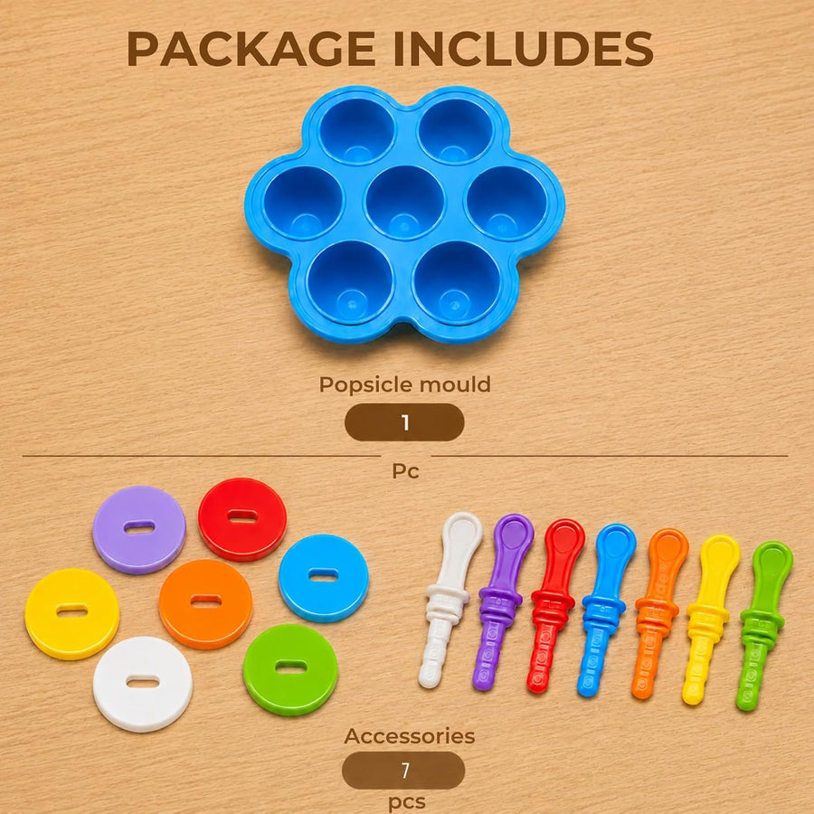 7 Cavities Silicone Popsicle Mould with Colorful Sticks, BPA-Free Reusable Kulfi & Ice Pop Maker for Juice, Yogurt & Frozen Desserts