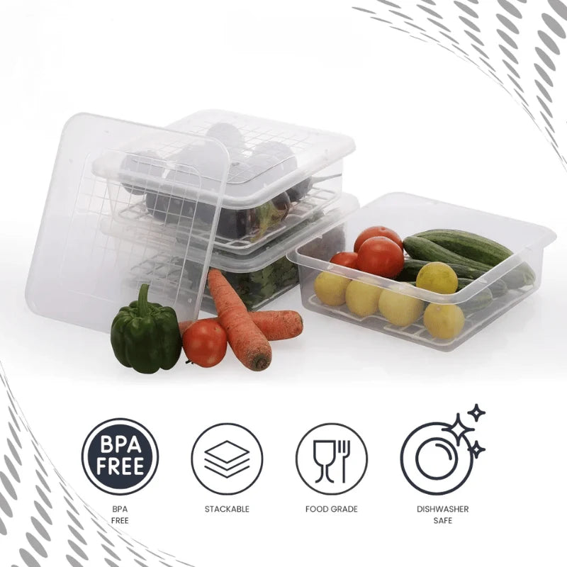Fridge Storage Containers, Airtight Food Storage Boxes with Drain Lid
