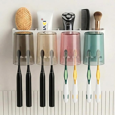 Wall Mounted Toothbrush Holder with 4 Cups | Multi-Compartment Bathroom Organizer