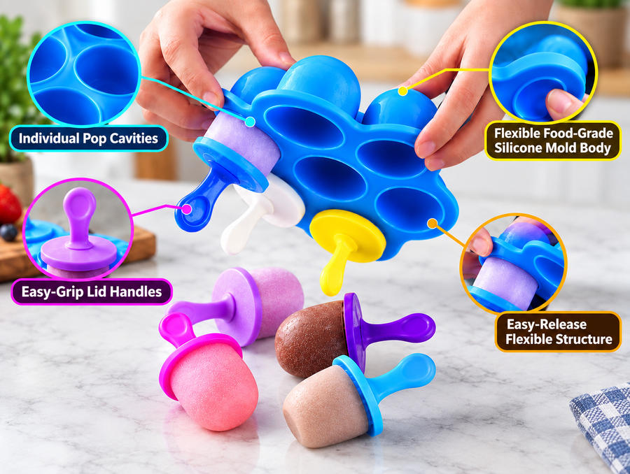 7 Cavities Silicone Popsicle Mould with Colorful Sticks, BPA-Free Reusable Kulfi & Ice Pop Maker