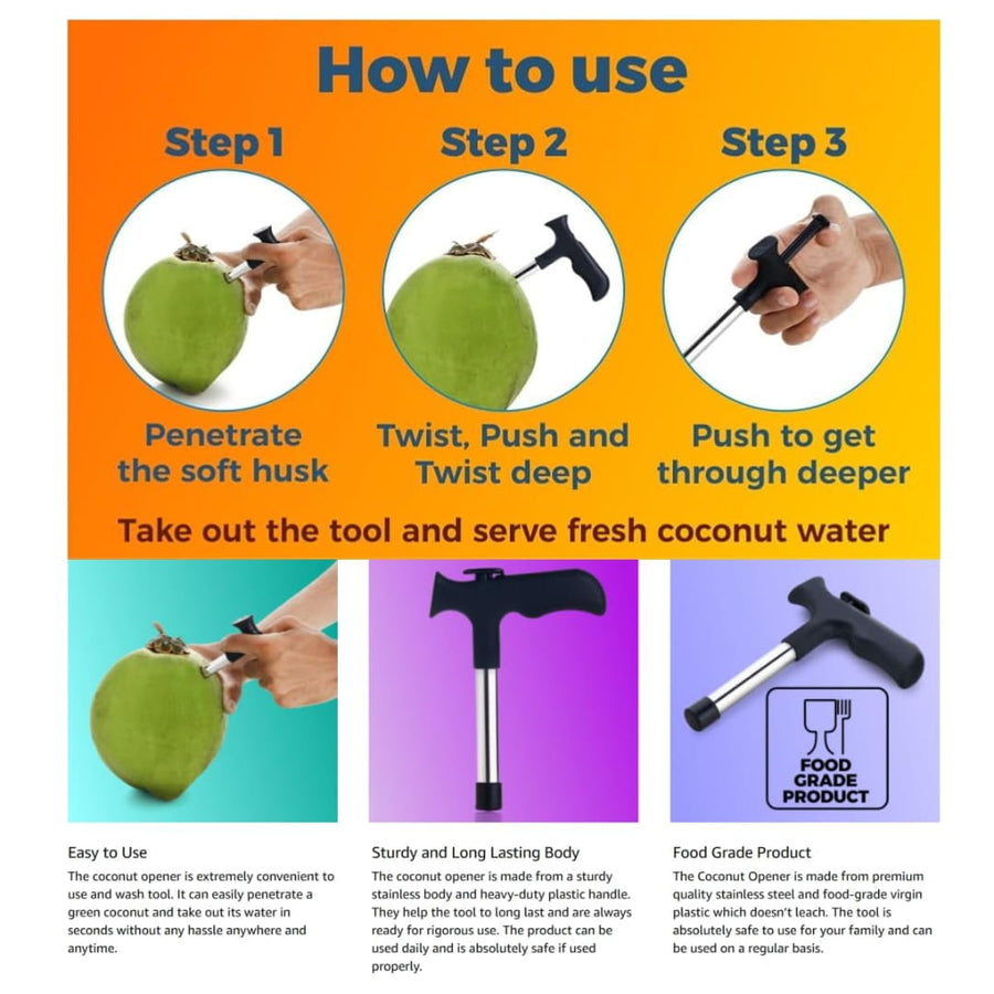 Stainless Steel Coconut Opener with Cleaning Stick