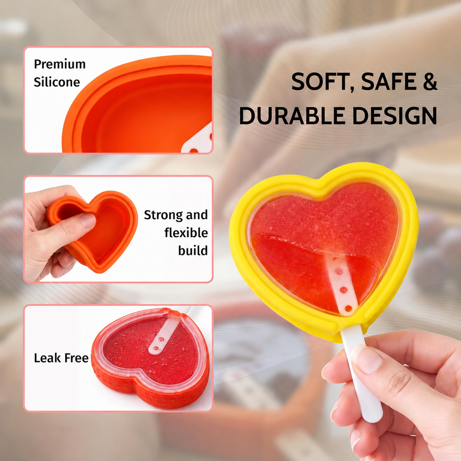 Set of 4 Heart-Shaped Silicone Popsicle Moulds, BPA-Free Reusable Non-Stick Candy Molds with Sticks for Ice Cream, Chocolate, Jelly & Cake Pops