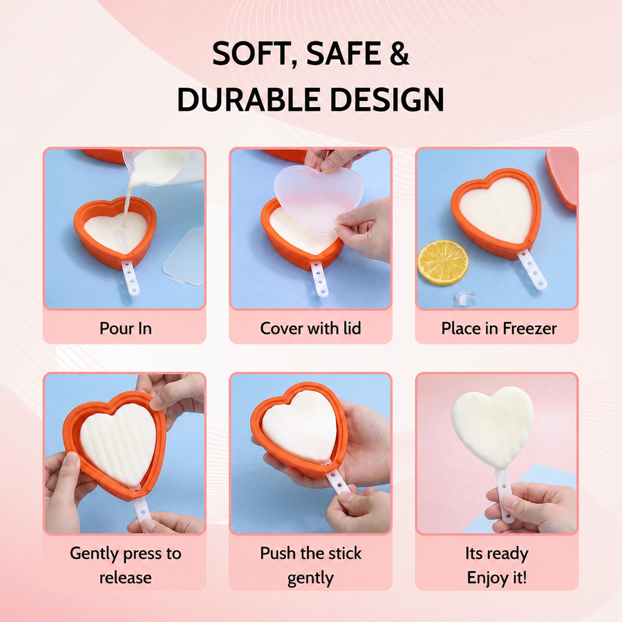 Set of 4 Heart-Shaped Silicone Popsicle Moulds, BPA-Free Reusable Non-Stick Candy Molds with Sticks for Ice Cream, Chocolate, Jelly & Cake Pops