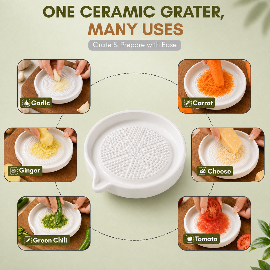Ceramic Garlic & Ginger Grater Plate with Cleaning Brush – Turmeric, Nutmeg, Cheese & Chocolate