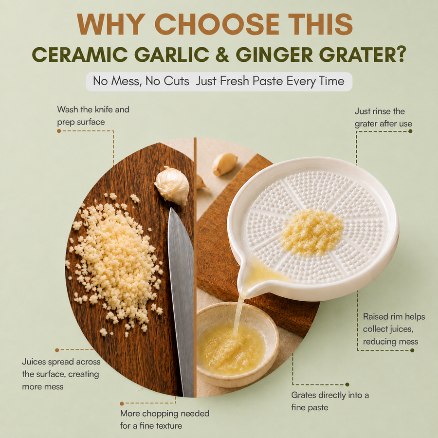 Ceramic Garlic & Ginger Grater Plate with Cleaning Brush – Turmeric, Nutmeg, Cheese & Chocolate