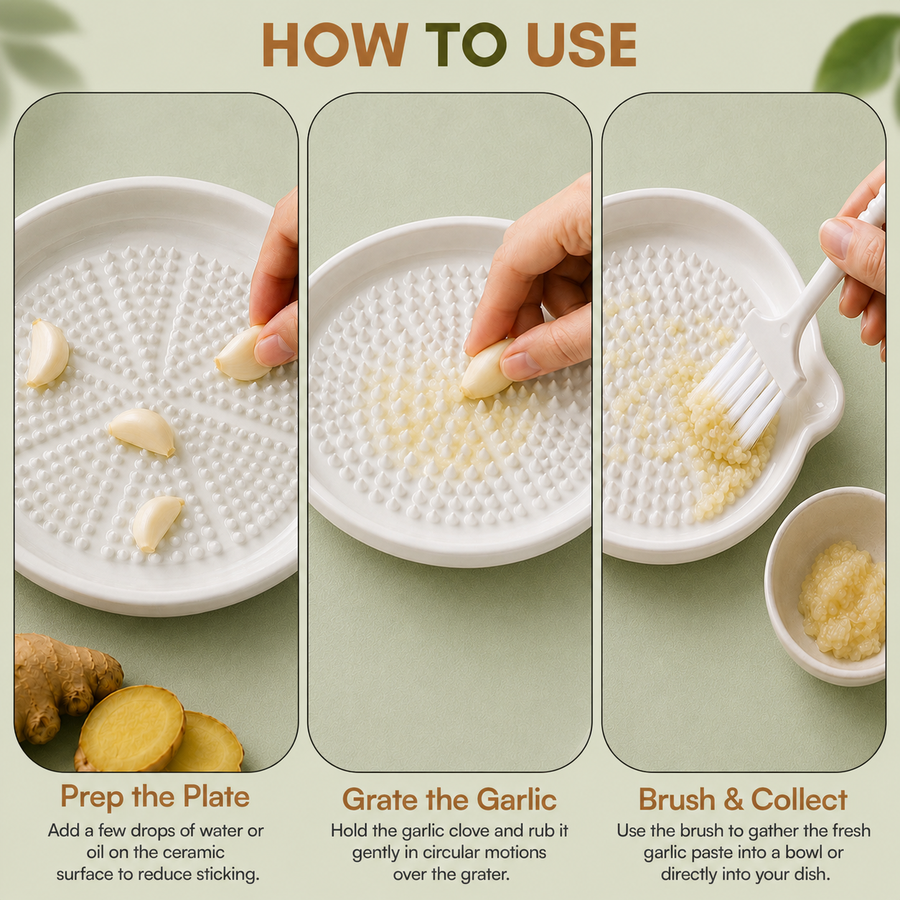 Ceramic Garlic & Ginger Grater Plate with Cleaning Brush – Turmeric, Nutmeg, Cheese & Chocolate