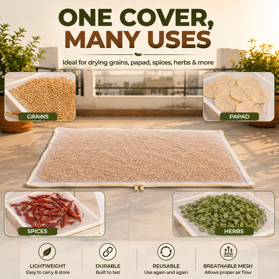Cotton Drying Cloth with Breathable Net Cover, Washable & Reusable Food Drying Sheet for Papad, Vadagam, Spices, Millets & Grains