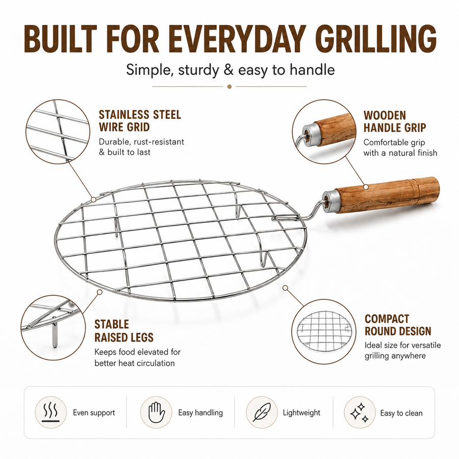 Stainless Steel Round Roaster Jali with Wooden Handle for Gas Stove, Papad, Roti, Chapati, Paneer & Vegetable Roasting
