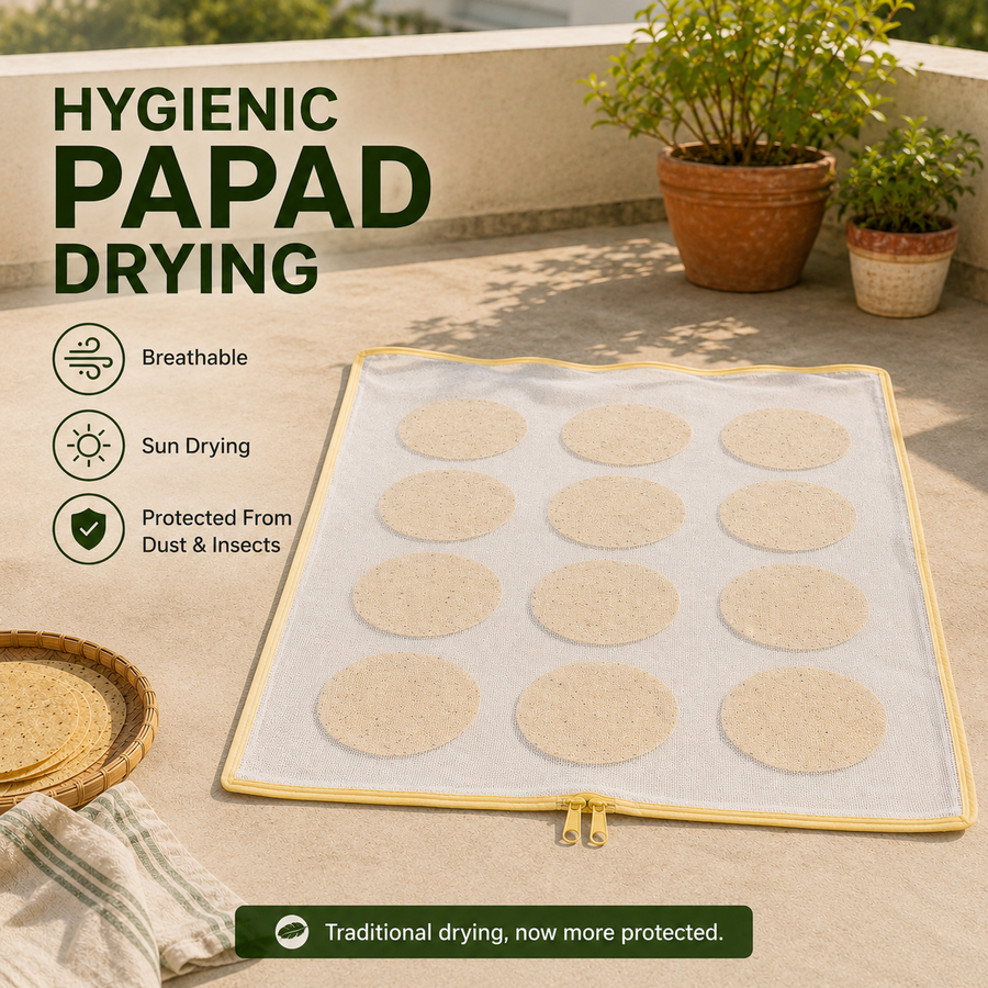 Cotton Drying Cloth with Breathable Net Cover, Washable & Reusable Food Drying Sheet for Papad, Vadagam, Spices, Millets & Grains