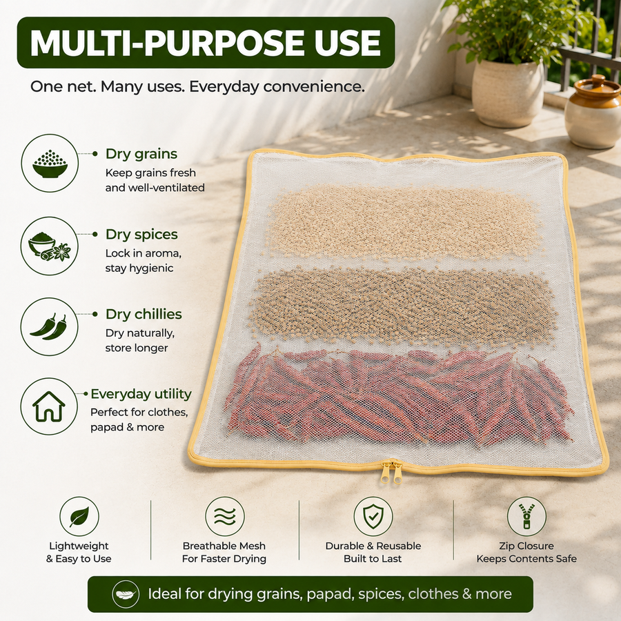 Cotton Drying Cloth with Breathable Net Cover, Washable & Reusable Food Drying Sheet for Papad, Vadagam, Spices, Millets & Grains