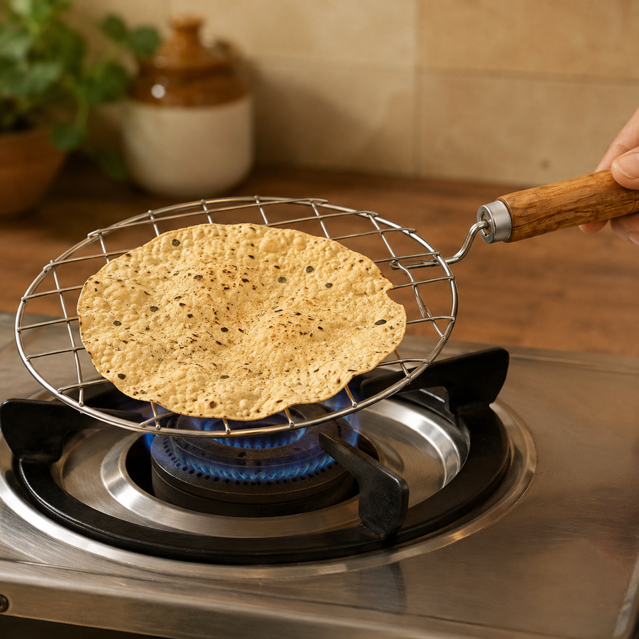 Stainless Steel Round Roaster Jali with Wooden Handle for Gas Stove, Papad, Roti, Chapati, Paneer & Vegetable Roasting