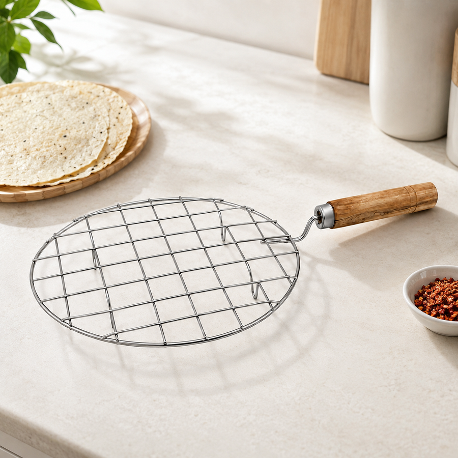 Stainless Steel Round Roaster Jali with Wooden Handle for Gas Stove, Papad, Roti, Chapati, Paneer & Vegetable Roasting
