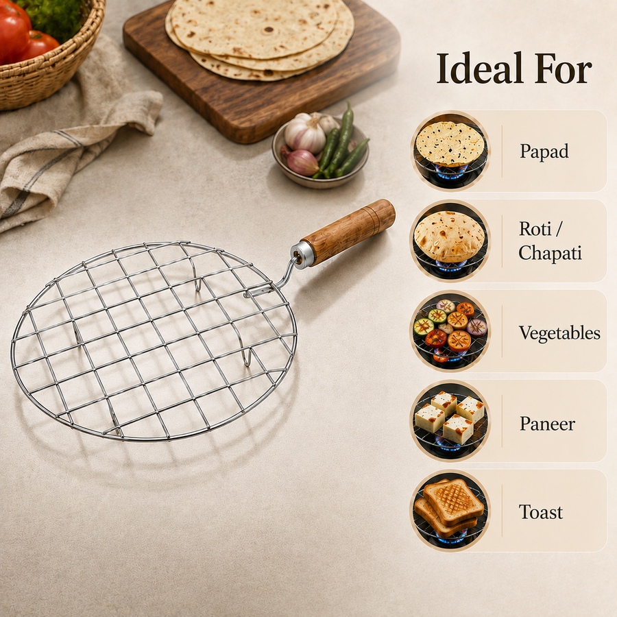 Stainless Steel Round Roaster Jali with Wooden Handle for Gas Stove, Papad, Roti, Chapati, Paneer & Vegetable Roasting