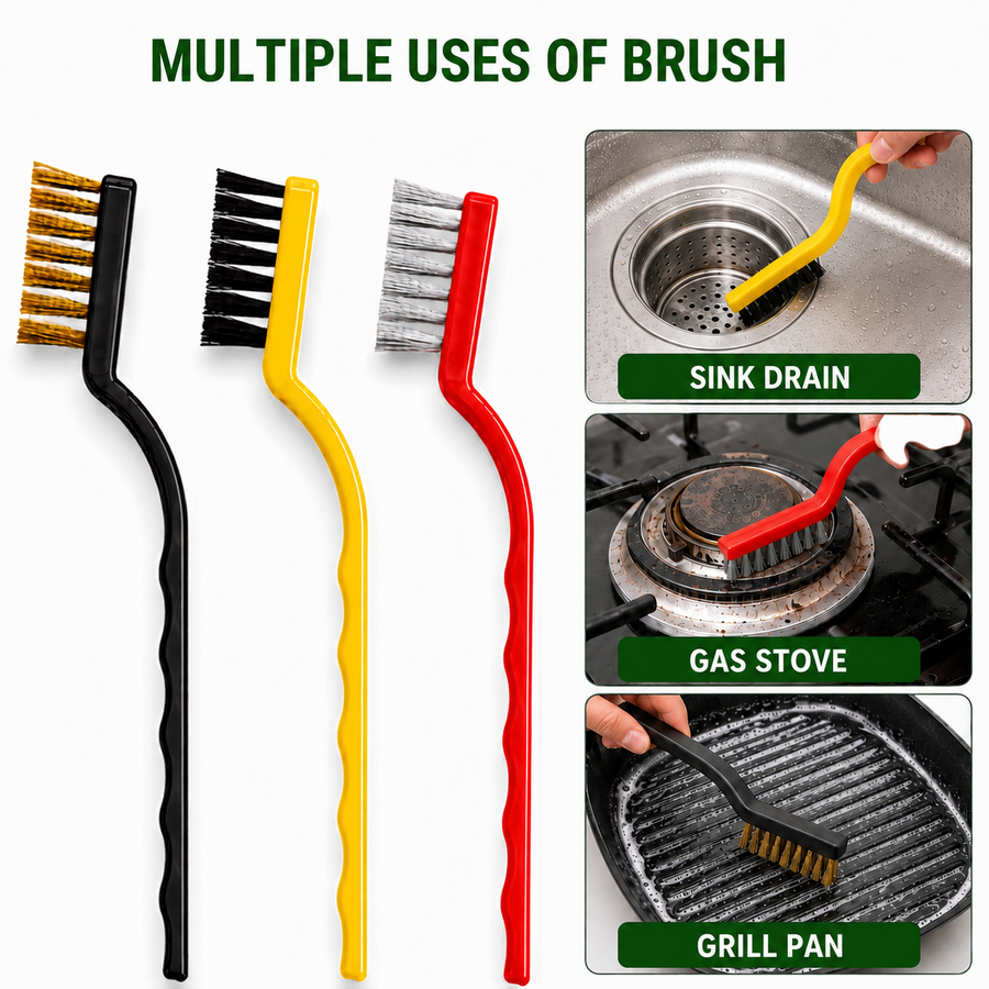 Set of 5 Cleaning Brushes with Stainless Steel, Brass & Nylon Bristles for Gas Stove, Burners, Chimney, Sink & Bathroom Gaps