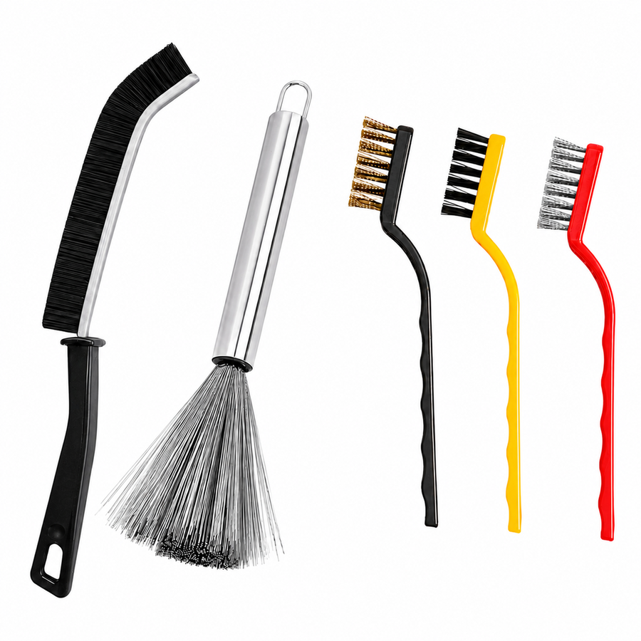 Set of 5 Cleaning Brushes with Stainless Steel, Brass & Nylon Bristles for Gas Stove, Burners, Chimney, Sink & Bathroom Gaps
