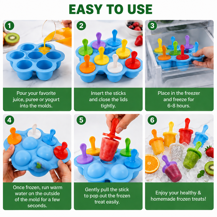 7 Cavities Silicone Popsicle Mould with Colorful Sticks, BPA-Free Reusable Kulfi & Ice Pop Maker for Juice, Yogurt & Frozen Desserts