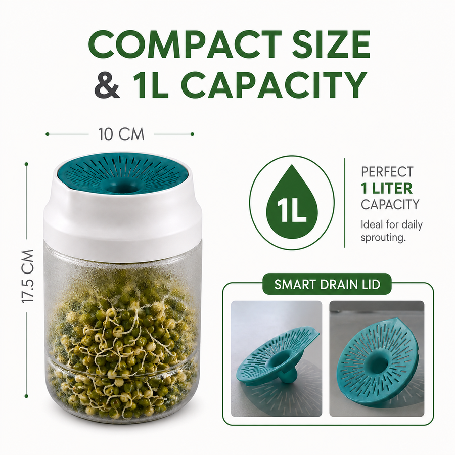 Sprout Maker Jar 1100ml with Mesh Drain Lid & Stand, Seed Sprouting Jar for Moong, Chana, Methi, Lentils, Beans & Seeds
