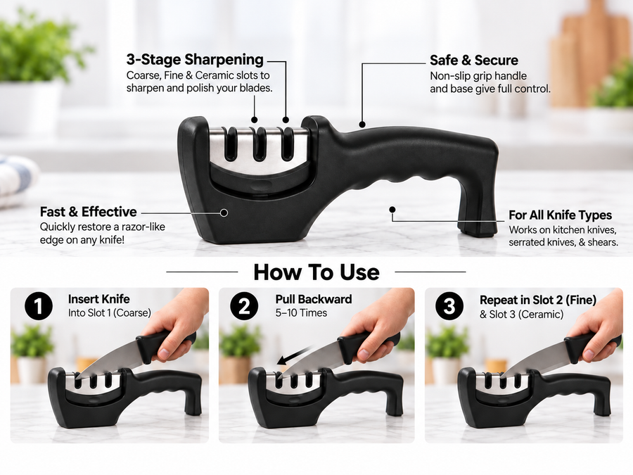3 Stage Knife Sharpener with Non Slip Base