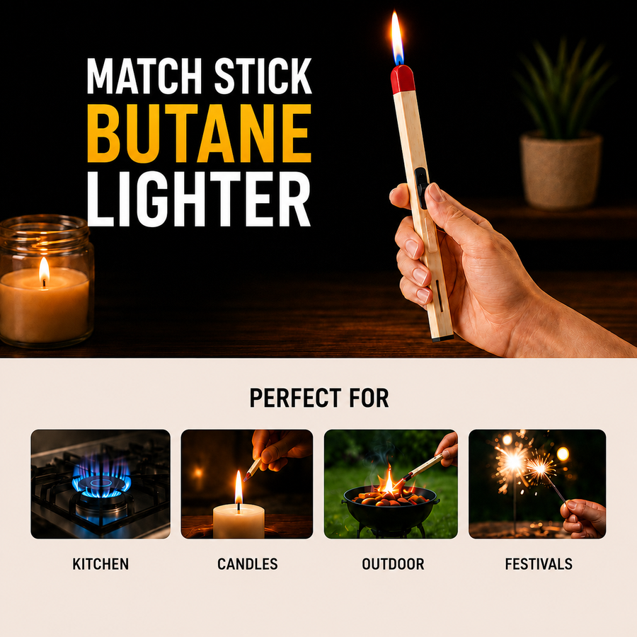 Matchstick Lighter, Long Handle Refillable Butane Gas Flame Lighter for Kitchen Stove, Candles, BBQ & Camping, Compact & Portable