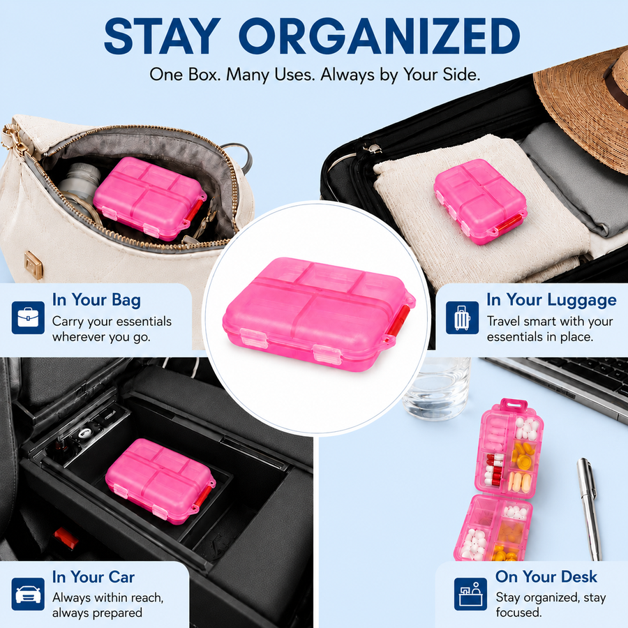 Pill Box with 10 Compartments, Small Portable Medicine Organizer for Travel, Tablets, Vitamins & Supplements, Pink