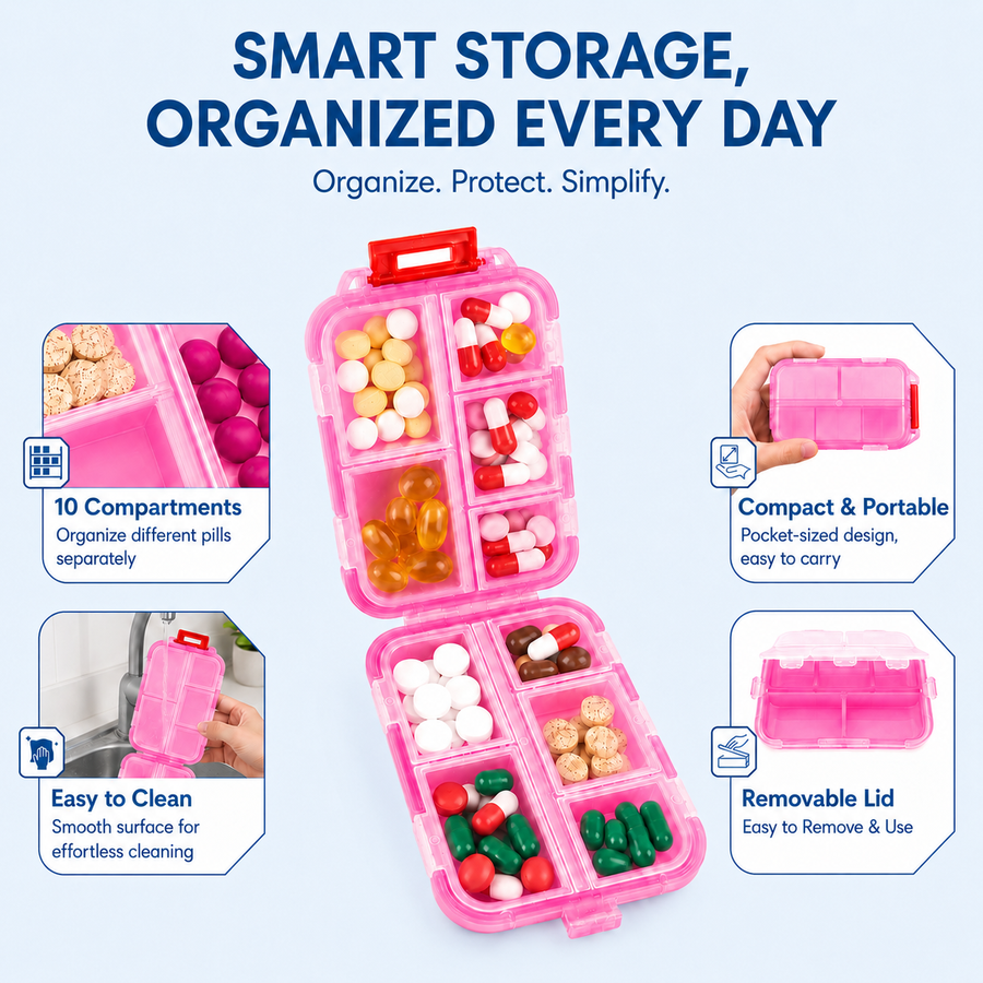 Pill Box with 10 Compartments, Small Portable Medicine Organizer for Travel, Tablets, Vitamins & Supplements, Pink