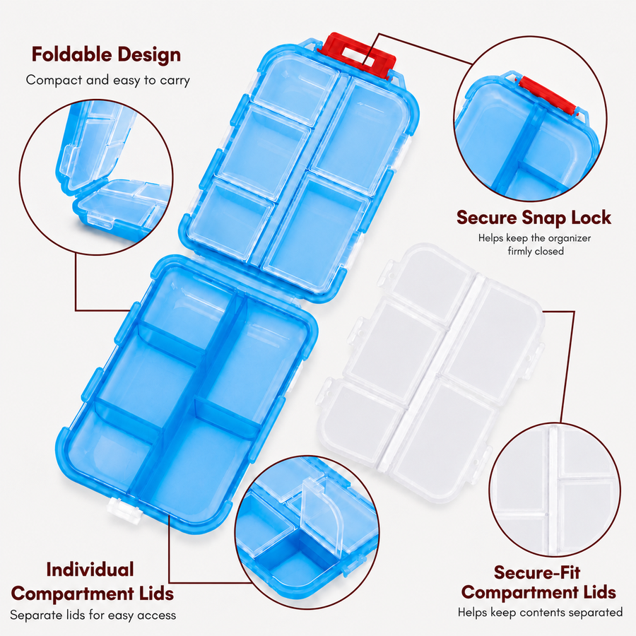 Pill Box with 10 Compartments, Small Portable Medicine Organizer for Travel, Tablets, Vitamins & Supplements, Pink