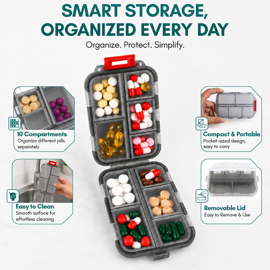 Pill Box with 10 Compartments, Small Portable Medicine Organizer for Travel, Tablets, Vitamins & Supplements, Pink