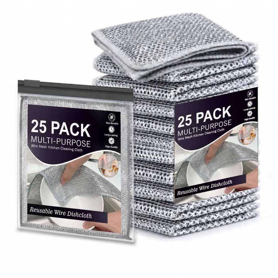 Non-Scratch Wire Dishcloth (Pack of 25) | Reusable Metal Mesh Cleaning Cloth