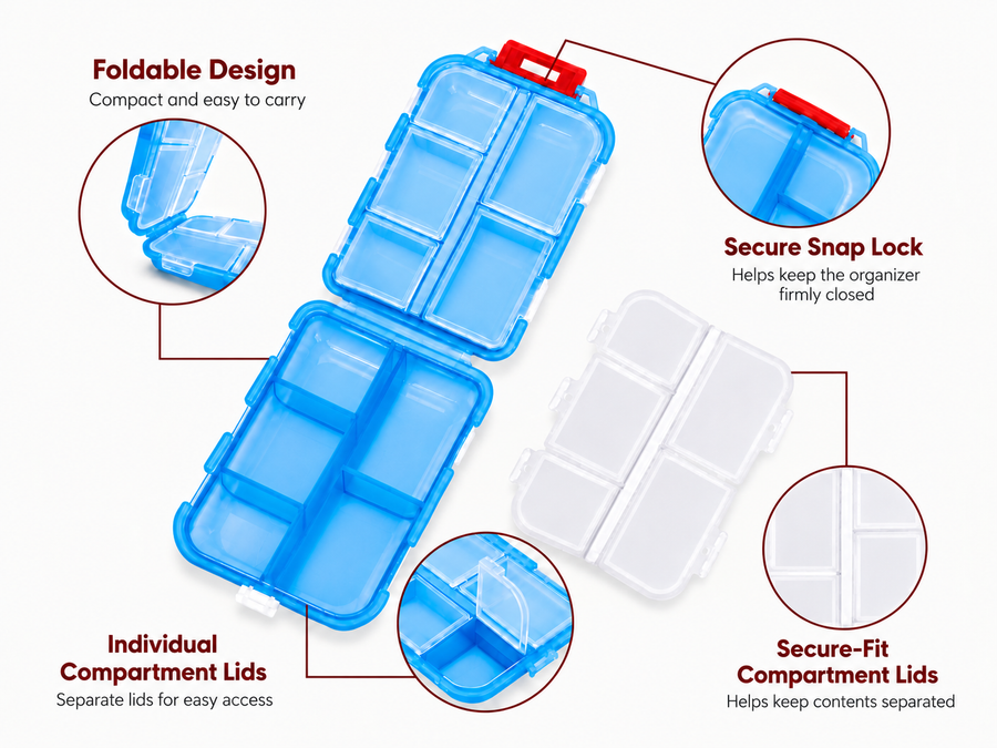 Pill Box with 10 Compartments, Small Portable Medicine Organizer, Pink