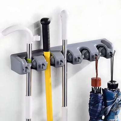 Wall-Mounted Broom and Mop Holder with Hooks, Self-Adhesive Organizer
