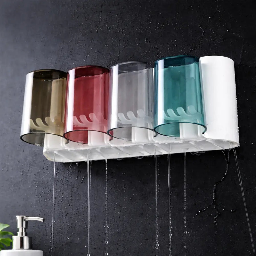 Wall Mounted Toothbrush Holder with 4 Cups | Multi-Compartment Bathroom Organizer