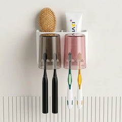 Wall Mounted Toothbrush Holder with 2 Cups | Multi-Compartment Bathroom Organizer