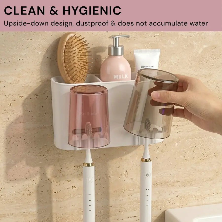 Wall Mounted Toothbrush Holder with 2 Cups | Multi-Compartment Bathroom Organizer