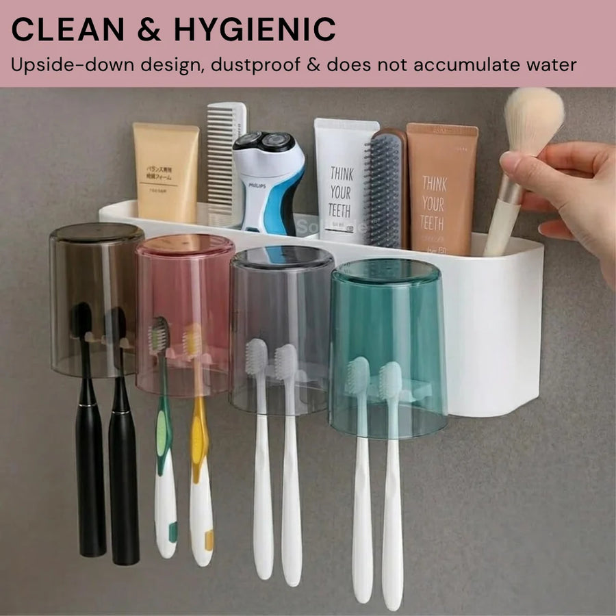 Wall Mounted Toothbrush Holder with 4 Cups | Multi-Compartment Bathroom Organizer
