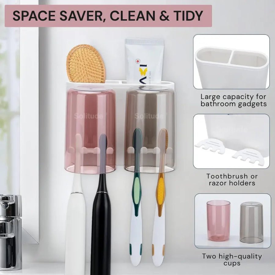 Wall Mounted Toothbrush Holder with 2 Cups | Multi-Compartment Bathroom Organizer