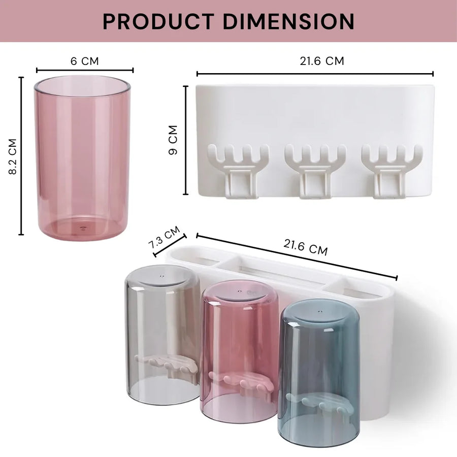 Wall Mounted Toothbrush Holder with 3 Cups | Multi-Compartment Bathroom Organizer