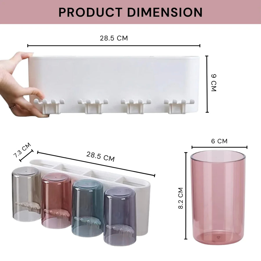 Wall Mounted Toothbrush Holder with 4 Cups | Multi-Compartment Bathroom Organizer