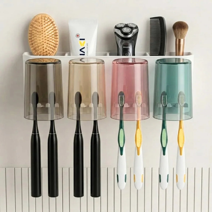 Wall Mounted Toothbrush Holder with 4 Cups | Multi-Compartment Bathroom Organizer
