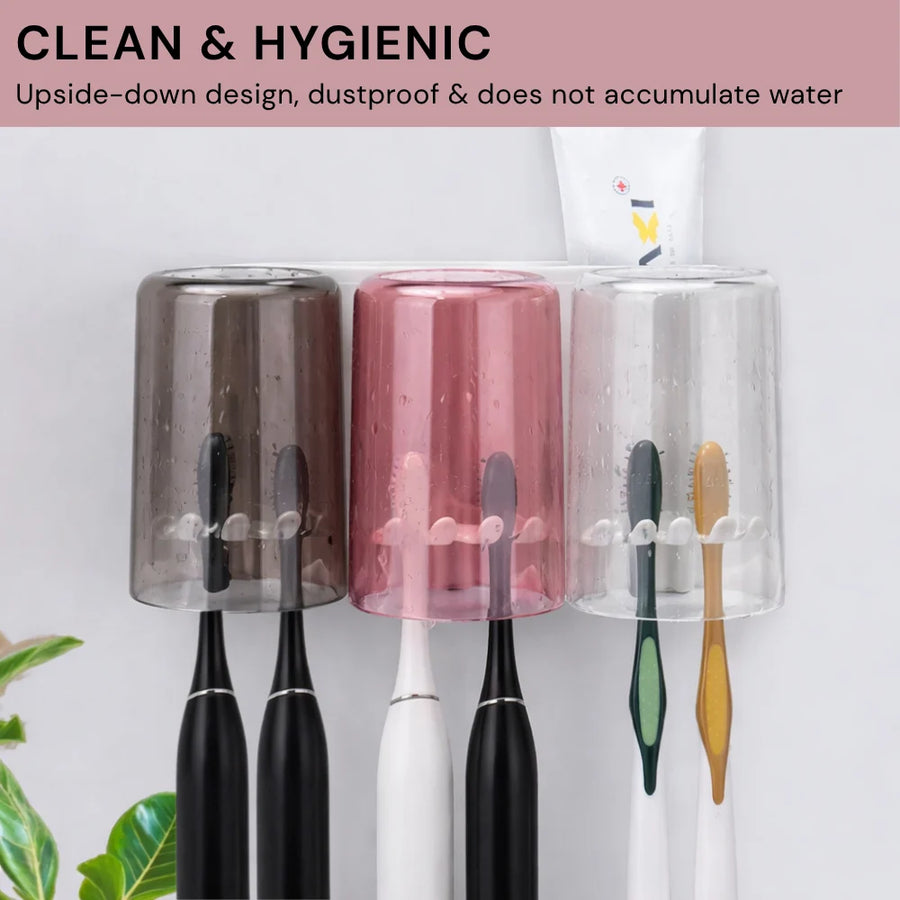 Wall Mounted Toothbrush Holder with 3 Cups | Multi-Compartment Bathroom Organizer
