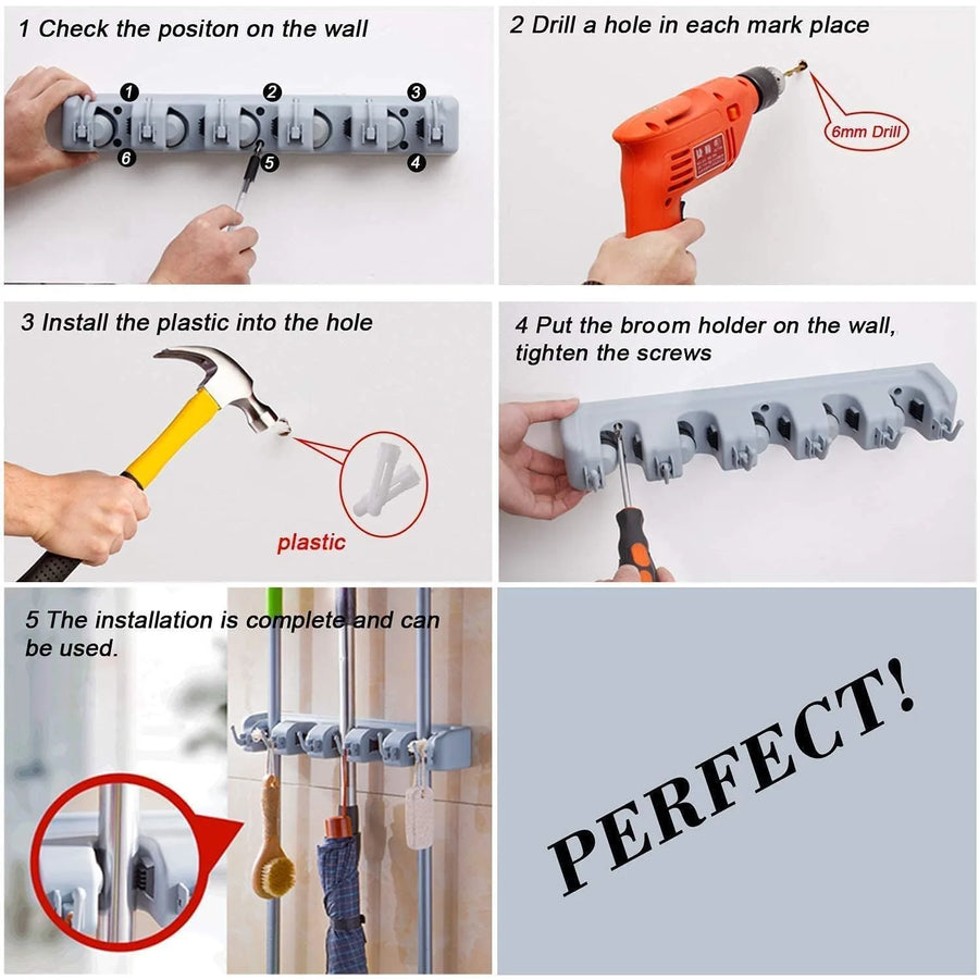 Wall-Mounted Broom and Mop Holder with Hooks, Self-Adhesive Organizer