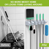 Wall-Mounted Broom and Mop Holder with Hooks, Self-Adhesive Organizer