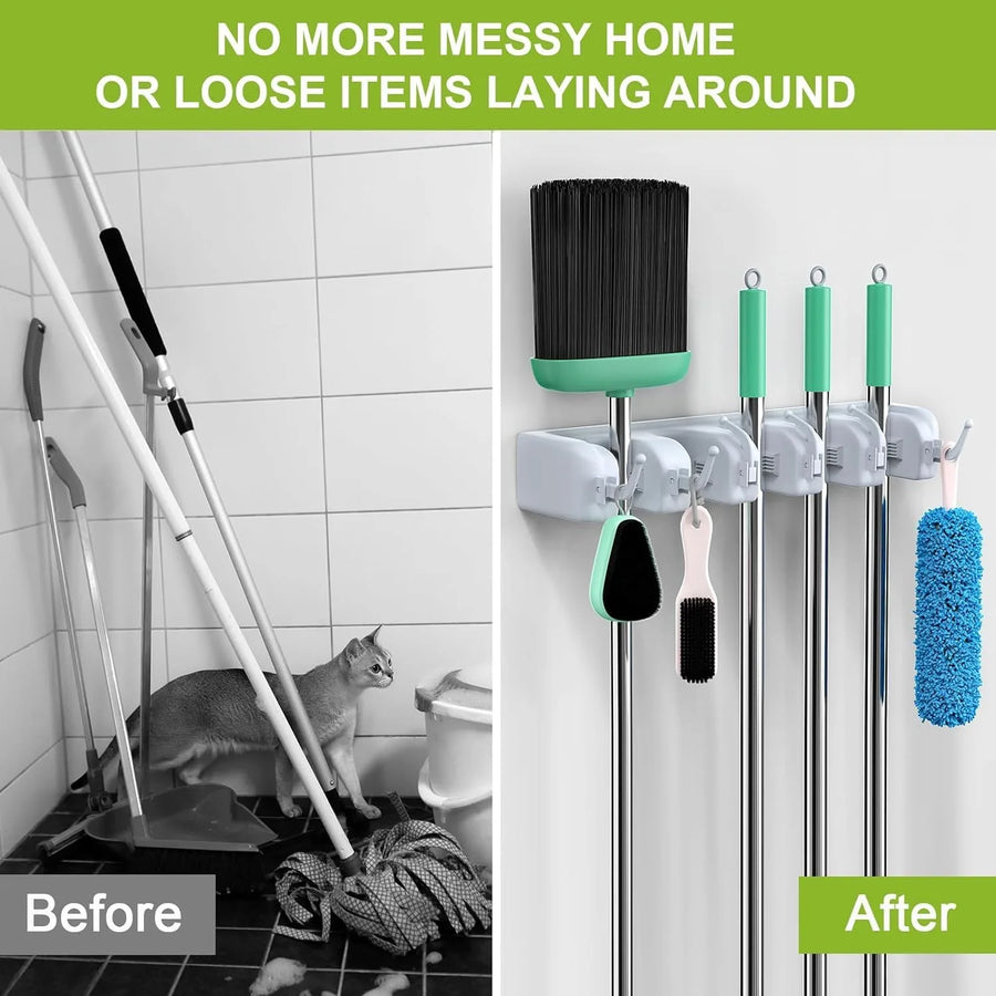 Wall-Mounted Broom and Mop Holder with Hooks, Self-Adhesive Organizer