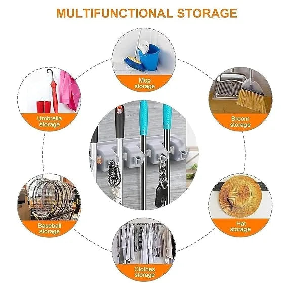 Wall-Mounted Broom and Mop Holder with Hooks, Self-Adhesive Organizer
