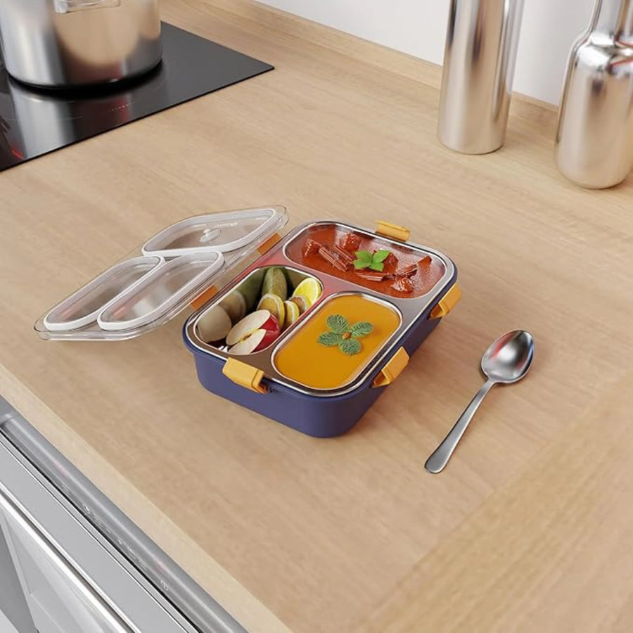 3-Compartment Stainless Steel Lunch Box with Leak Proof Lid