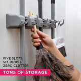 Wall-Mounted Broom and Mop Holder with Hooks, Self-Adhesive Organizer