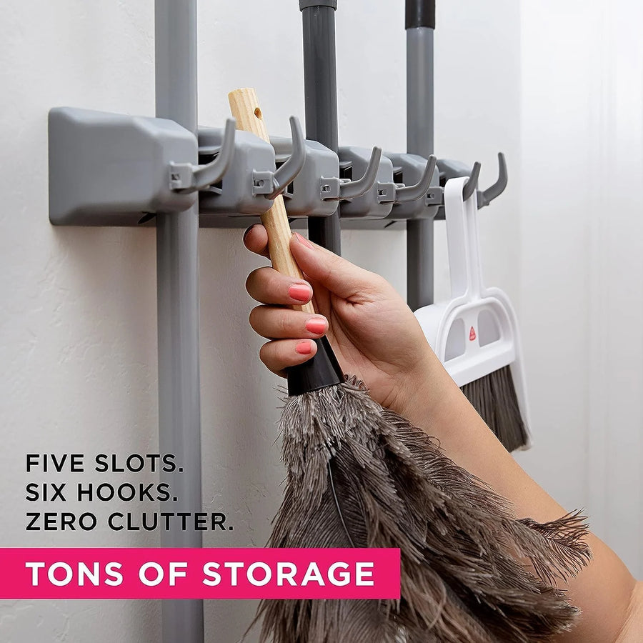 Wall-Mounted Broom and Mop Holder with Hooks, Self-Adhesive Organizer