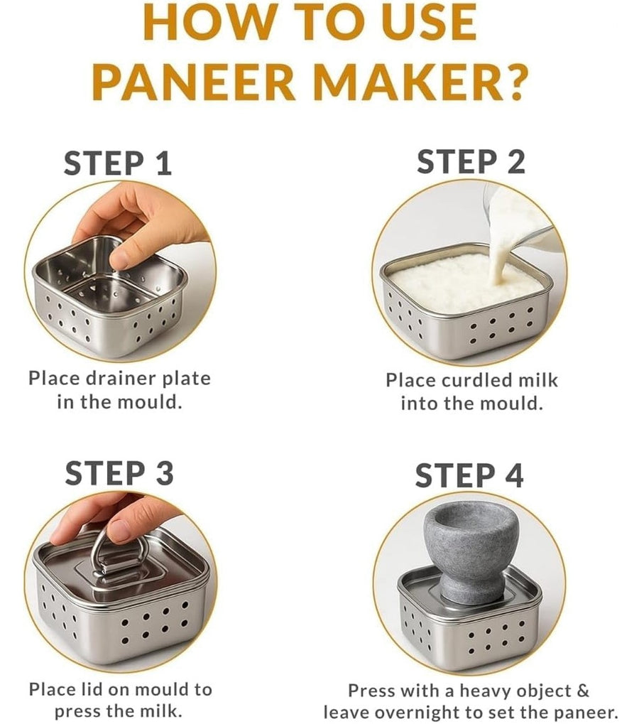 Stainless Steel Paneer Maker 450ml with Perforated Separator, Manual Paneer Press for Homemade Paneer, Chhena & Tofu